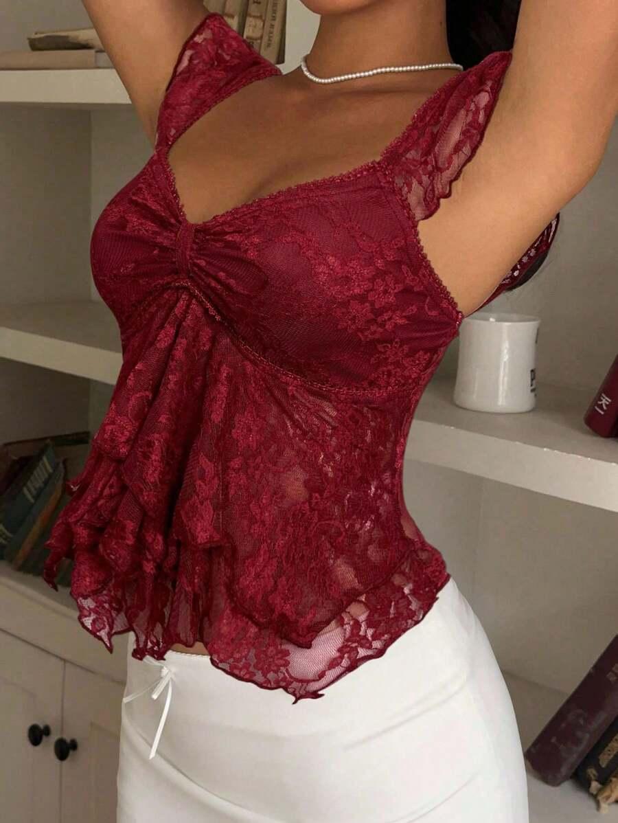 czerwony KORONKOWY TOP