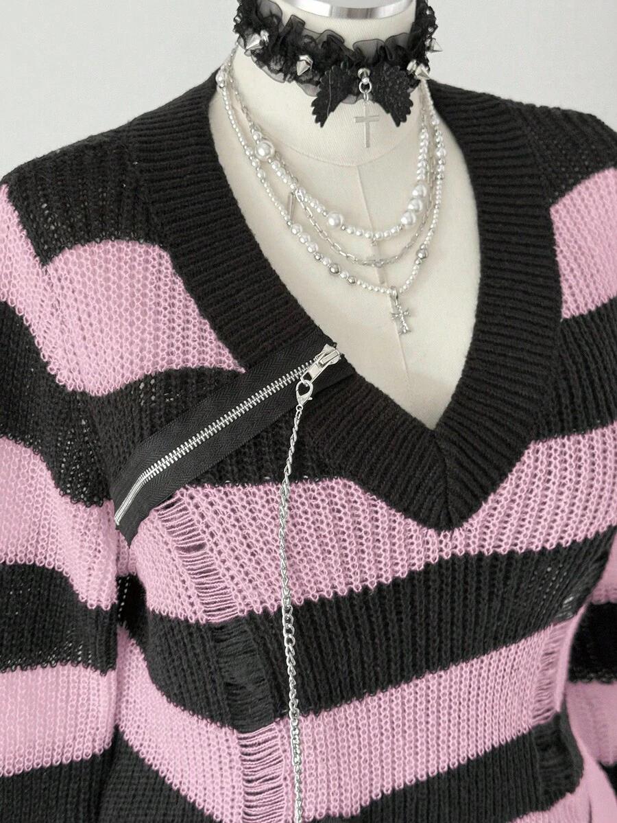 sweter ripped paski v-neck zip