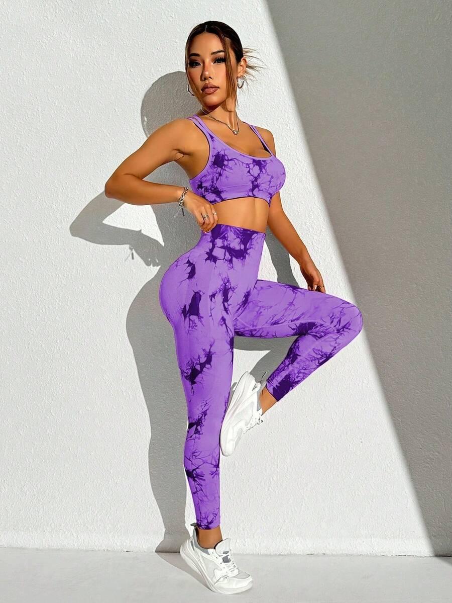 fioletowy top legginsy komplet 
