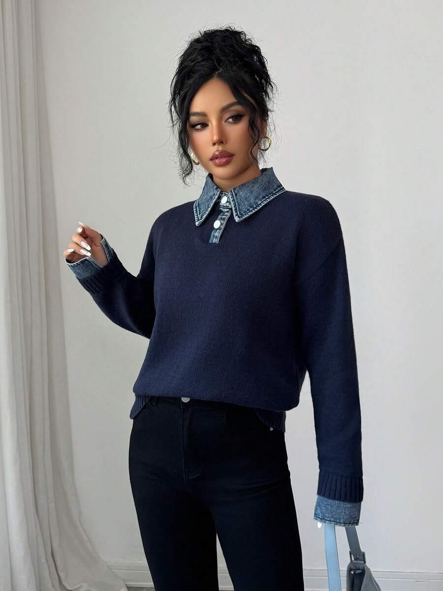 GRANATOWY SWETER KOŁNIERZYK 