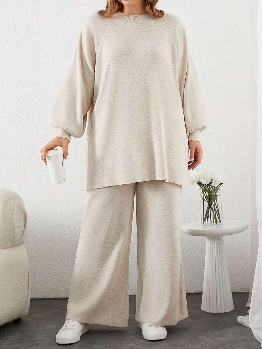 dzianinowy beżowy komplet sweter spodnie