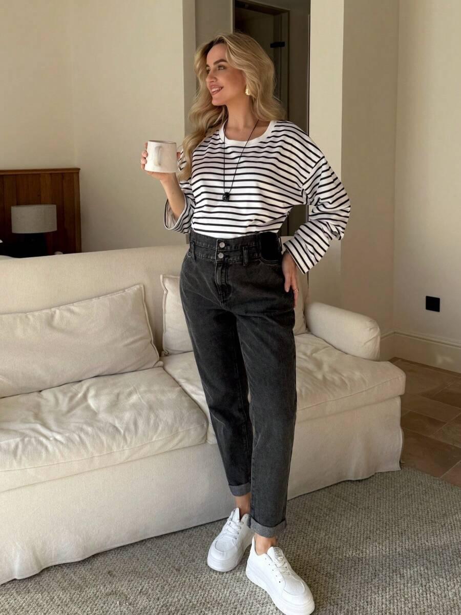 szare spodnie jeans wysoki stan