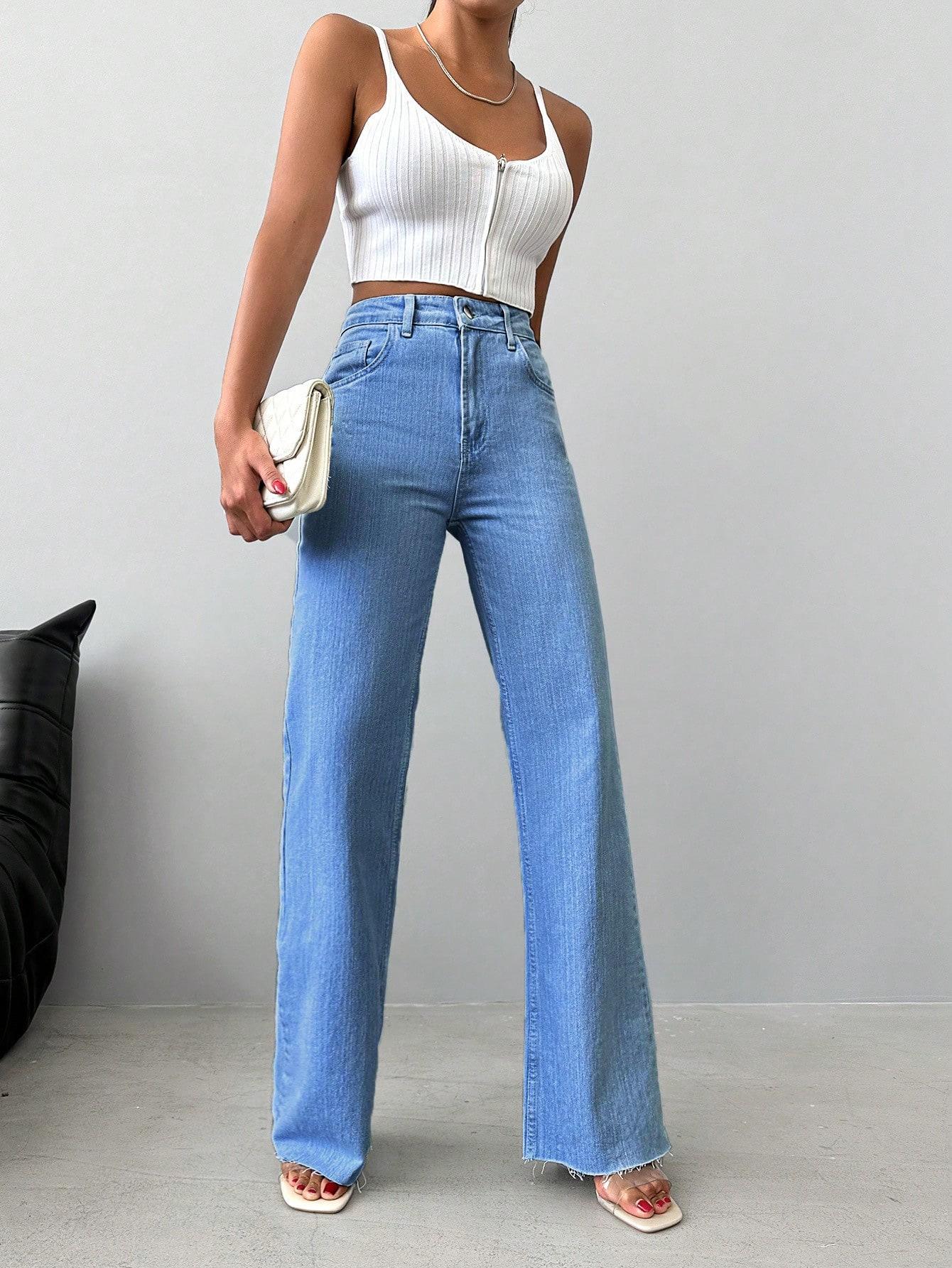 proste spodnie jeans wysoki stan kieszenie