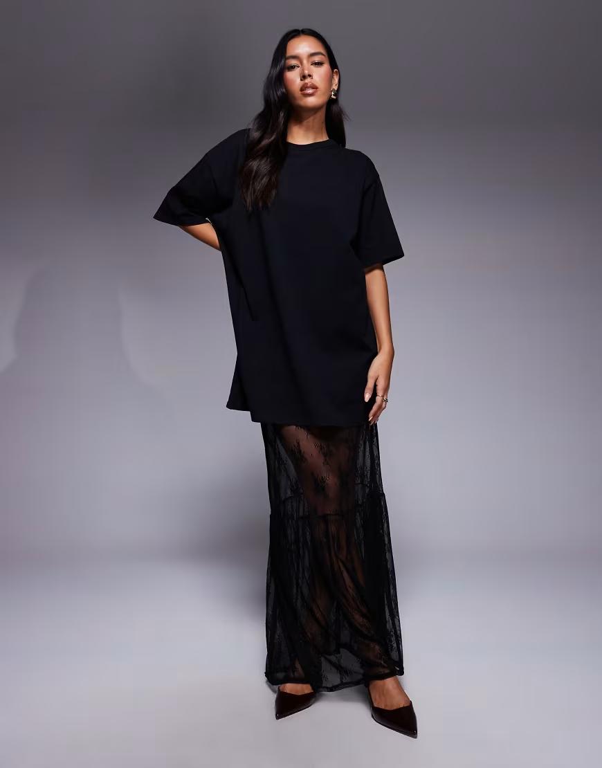czarny długi t-shirt oversize okrągły dekolt