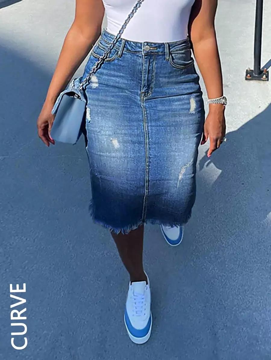 NIEBIESKA SPÓDNICA JEANS PRZETARCIA 