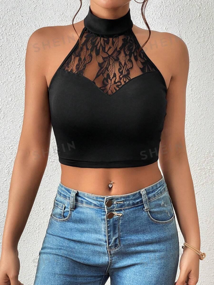 CZARNY CROP TOP KORONKA