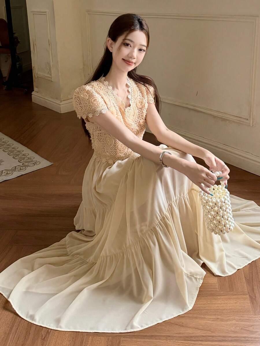 beżowa maxi sukienka v neck 