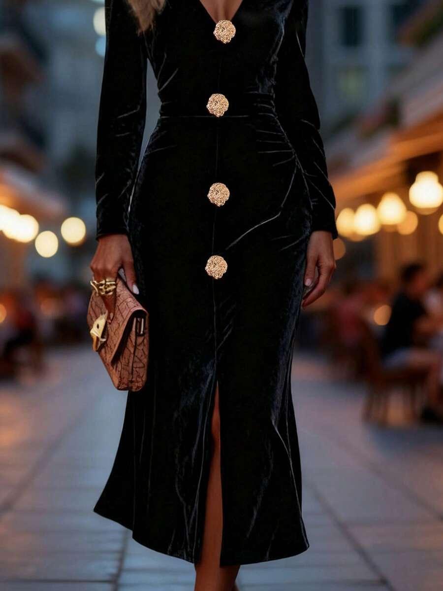 czarna sukienka zdobienie v neck 
