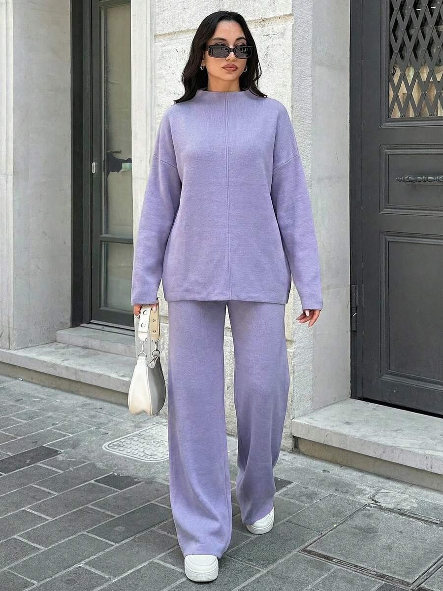 FILETOWY DZIANINOWY SWETER SPODNIE KOMPLET 