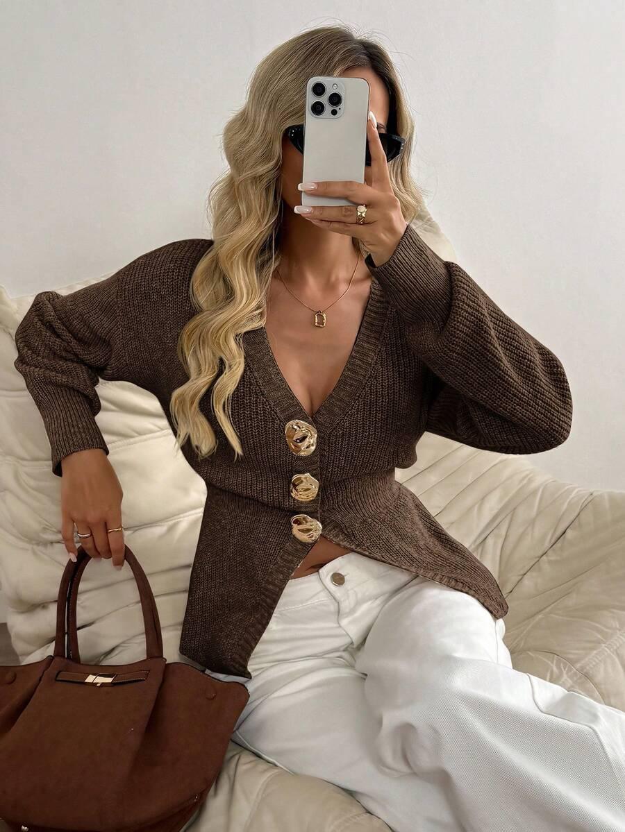 BRĄZOWY SWETER V-NECK