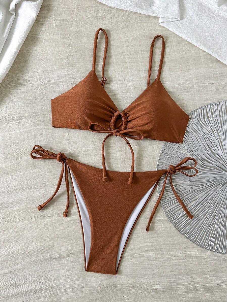 Brązowy komplet bikini wiązanie