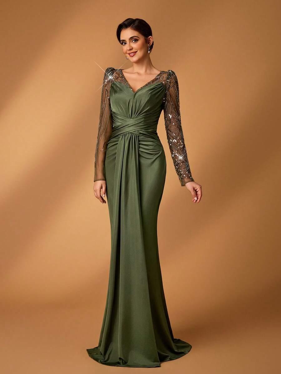 ZIELONA MAXI SUKIENKA V-NECK połysk