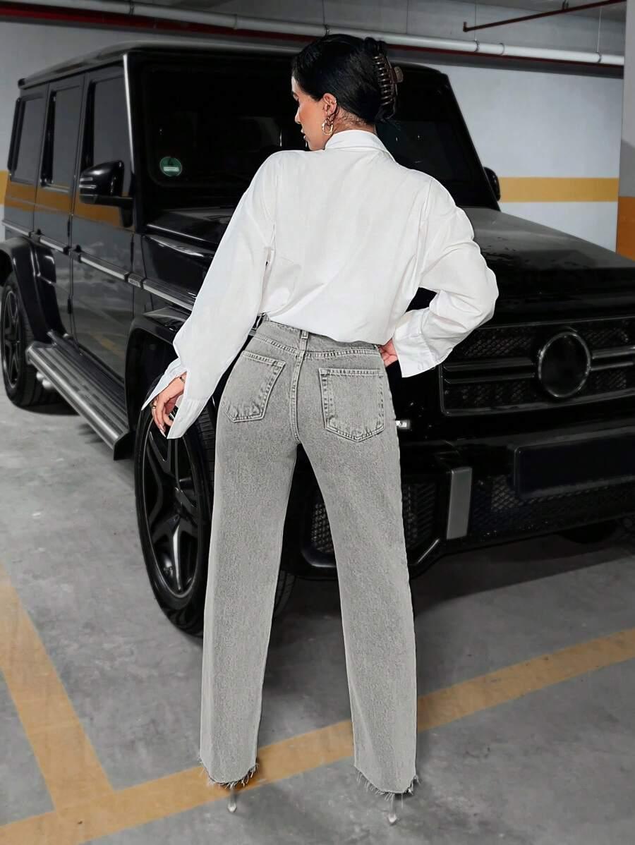 SZARE PROSTE JEANSOWE SPODNIE WYSOKI STAN 