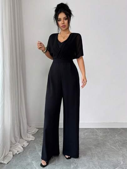 CZARNY KOMBINEZON V-NECK 