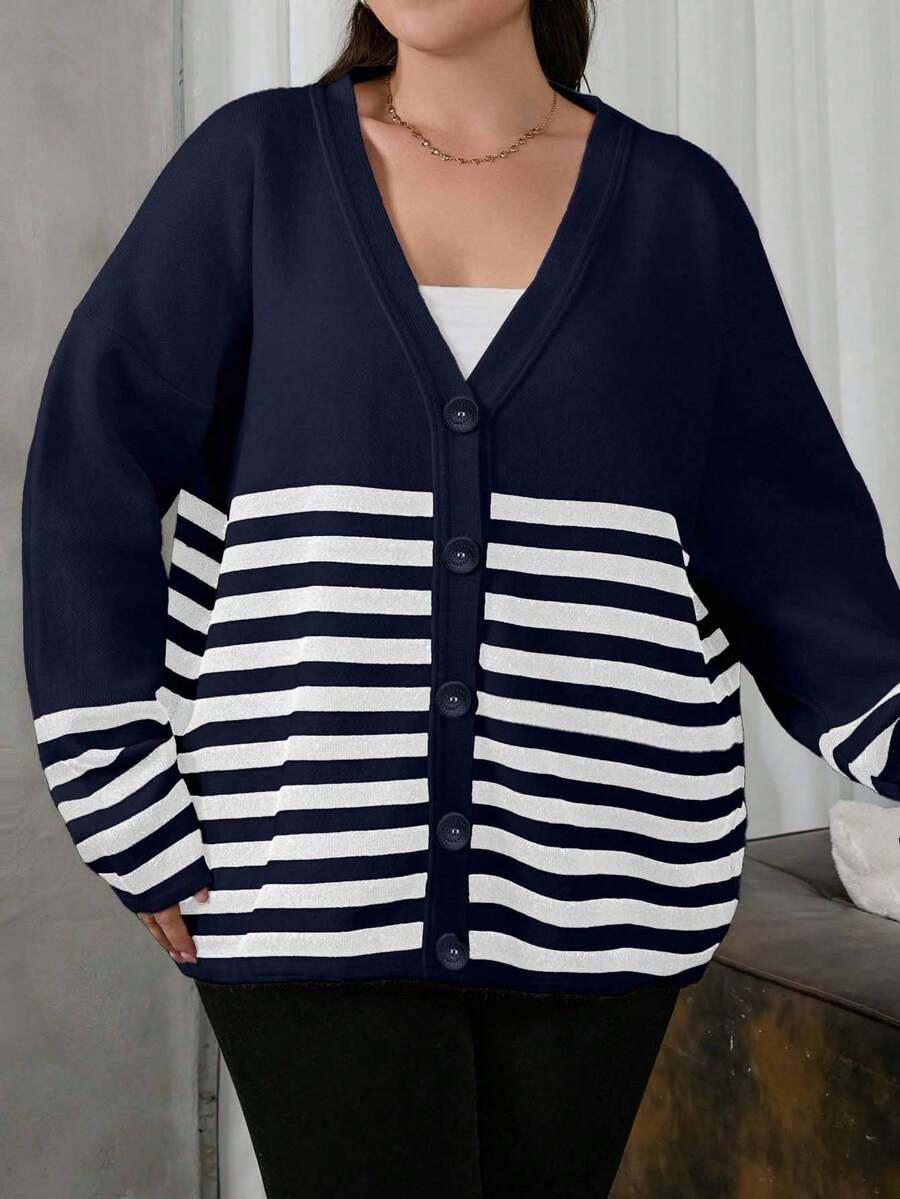 granatowy sweter v neck wzór paski