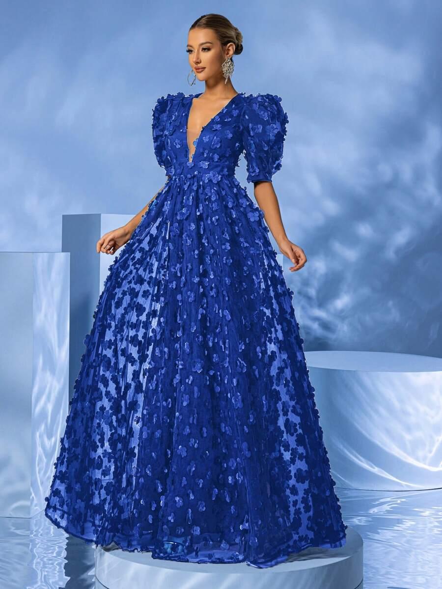 niebieska sukienka maxi zdobienia kwiaty 3d
