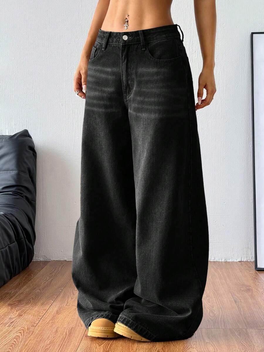 CZARNE SPODNIE JEANS Z SZEROKIMI NOGAWKAMI