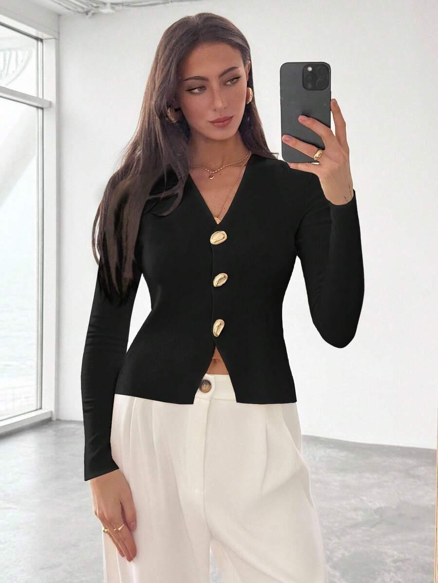 rozpinany sweter długi rękaw v neck
