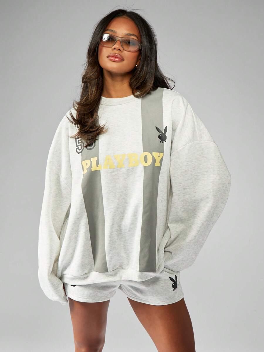 SZARA BLUZA OVERSIZE NADRUK PLAYBOY