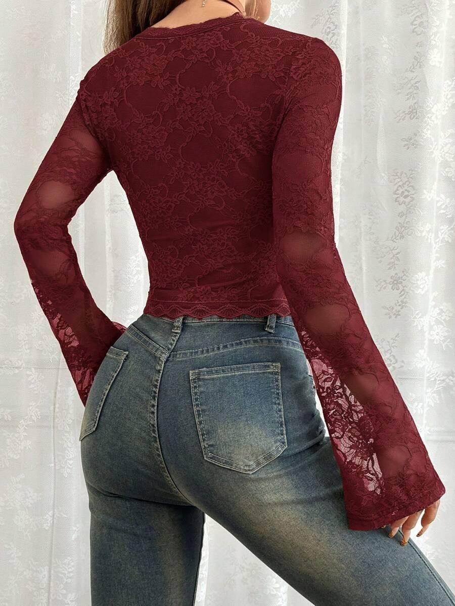 BORDOWA BLUZKA V-NECK KORONKA