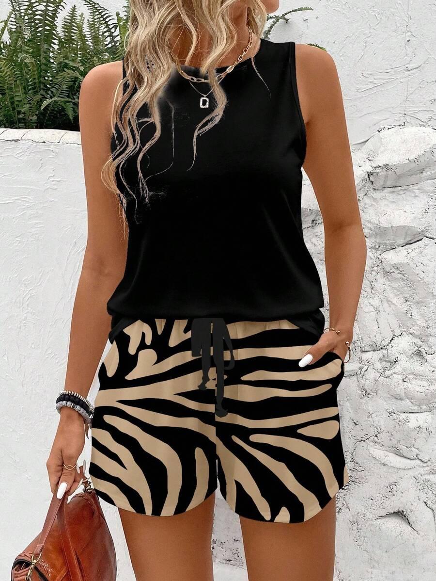 KOMPLET TOP BEZ RĘKAWÓW KRÓTKIE SPODENKI PRINT