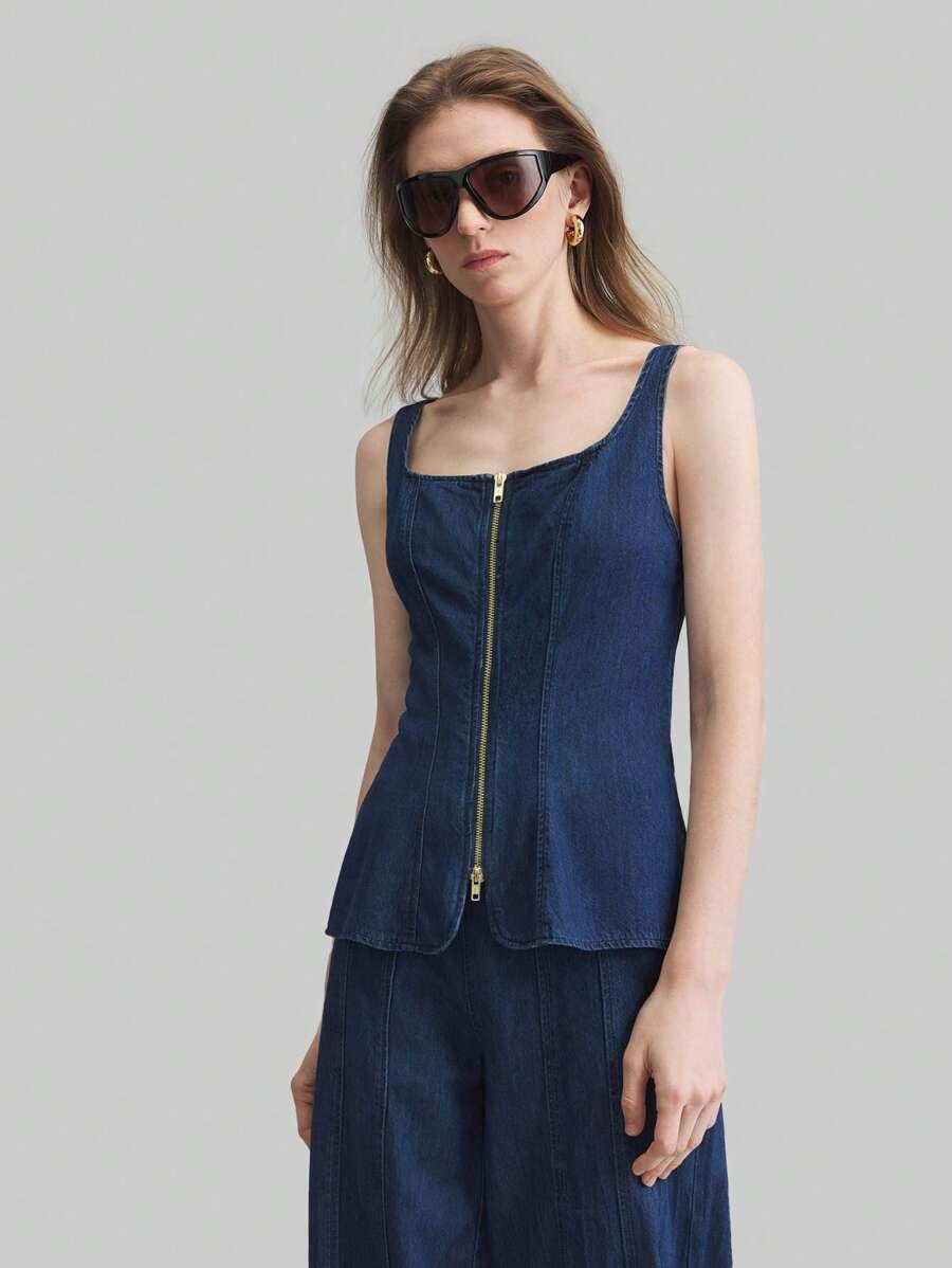 TOP DAMSKI JEANSOWY BEZ RĘKAWÓW MINIMALISTYCZNY 