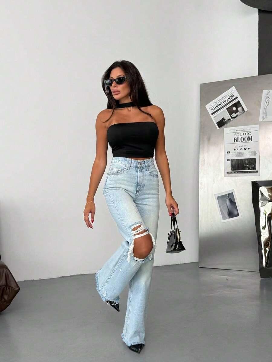 SPODNIE JEANS RIPPED WYSOKI STAN