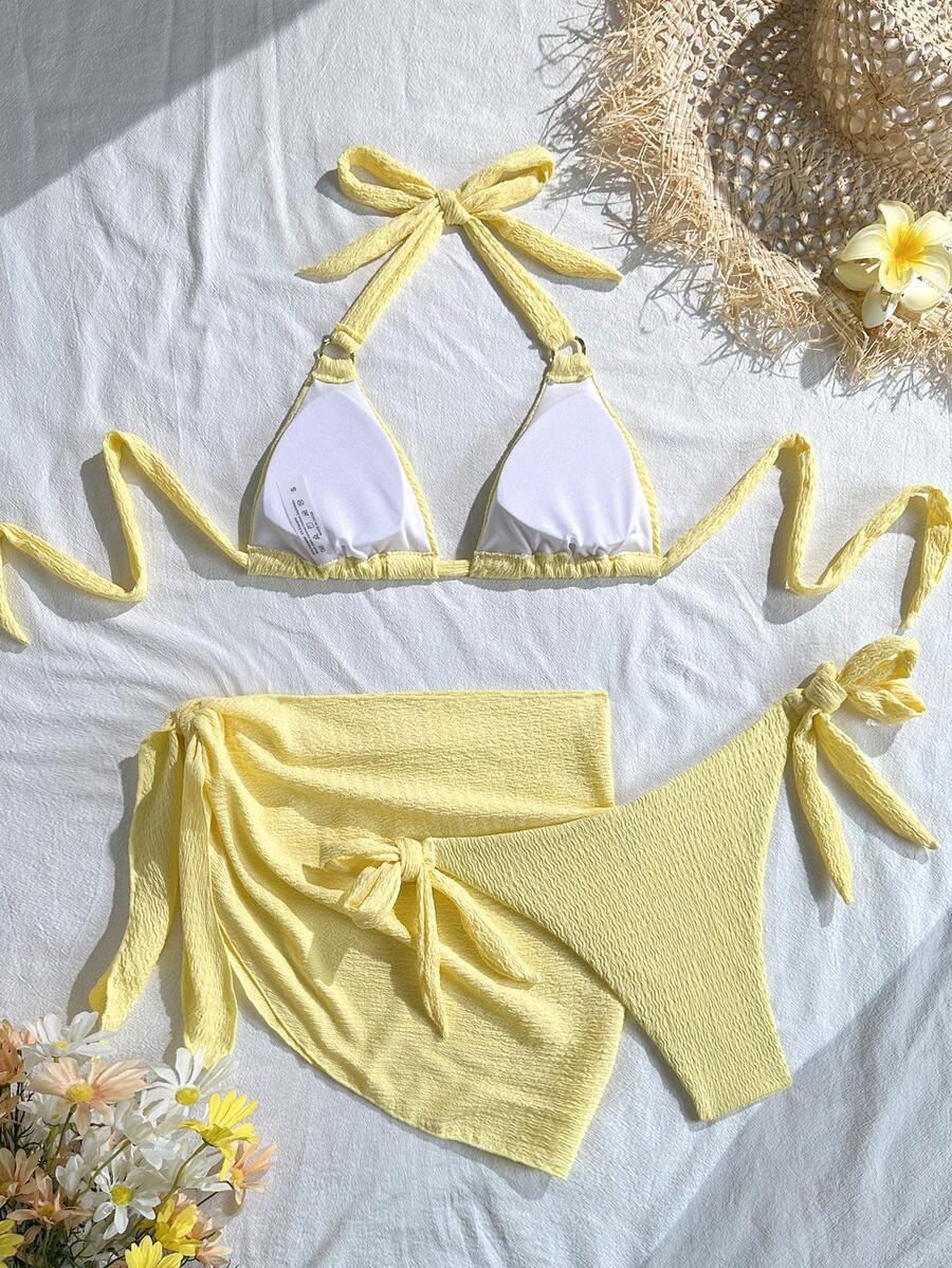 żółty trzyczęściowy komplet bikini wiązanie