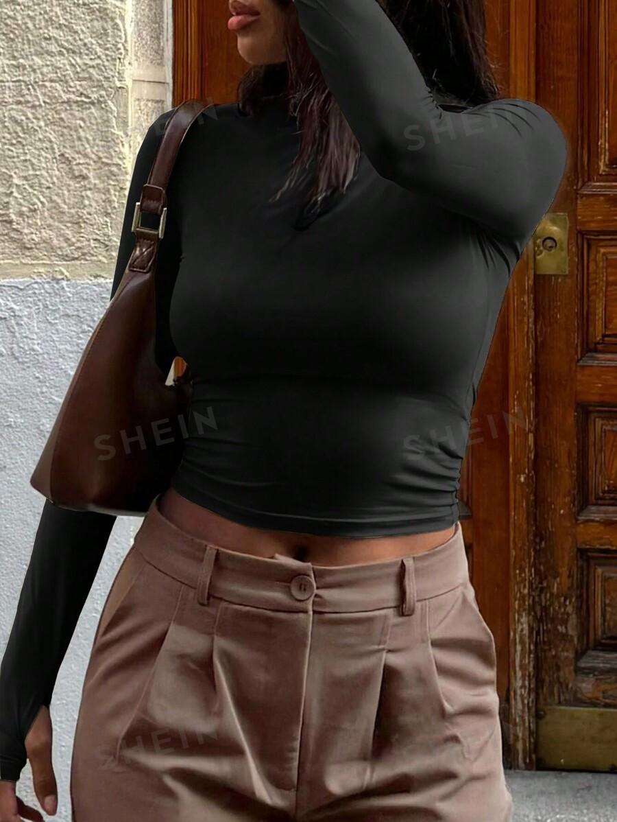 CZARNA GŁADKA BLUZKA DŁUGI RĘKAW OKRĄGŁY DEKOLT