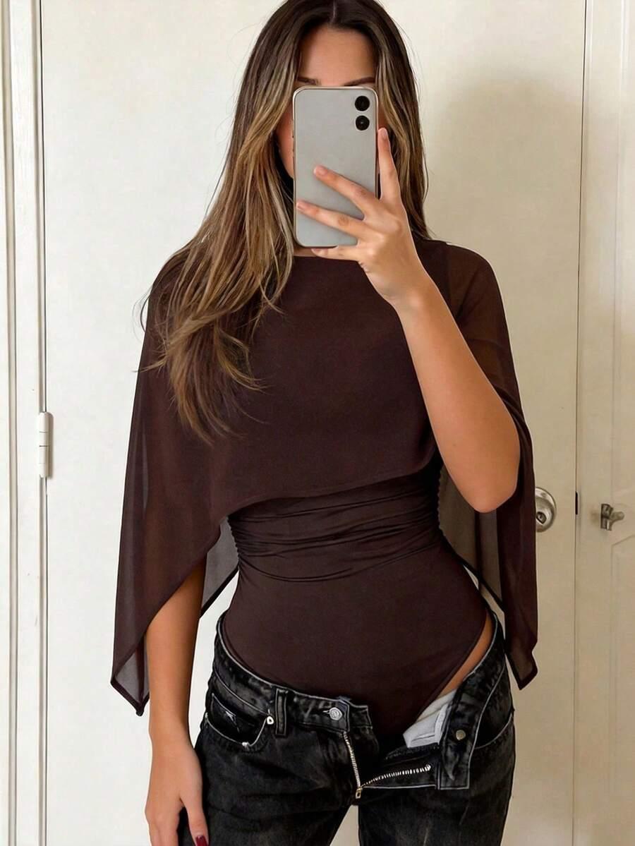 brązowe BODY ASYMETRYCZNE RĘKAWY