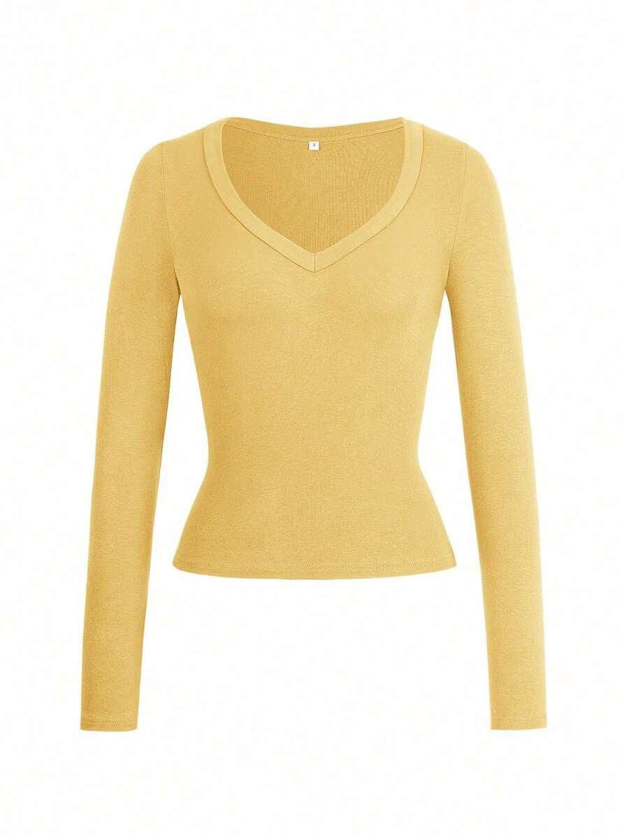 żółty top v neck długi rękaw
