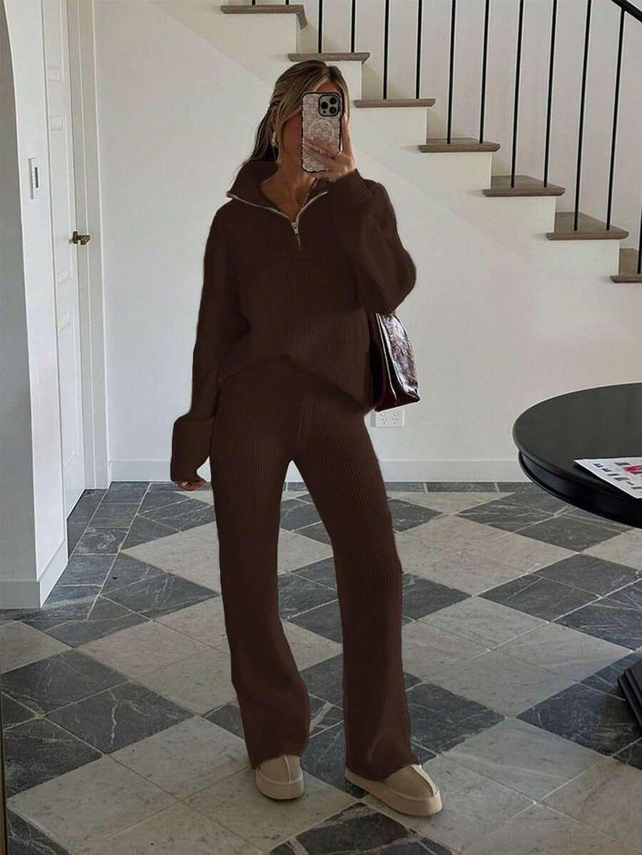 DZIANINOWY KOMPLET SWETER SPODNIE