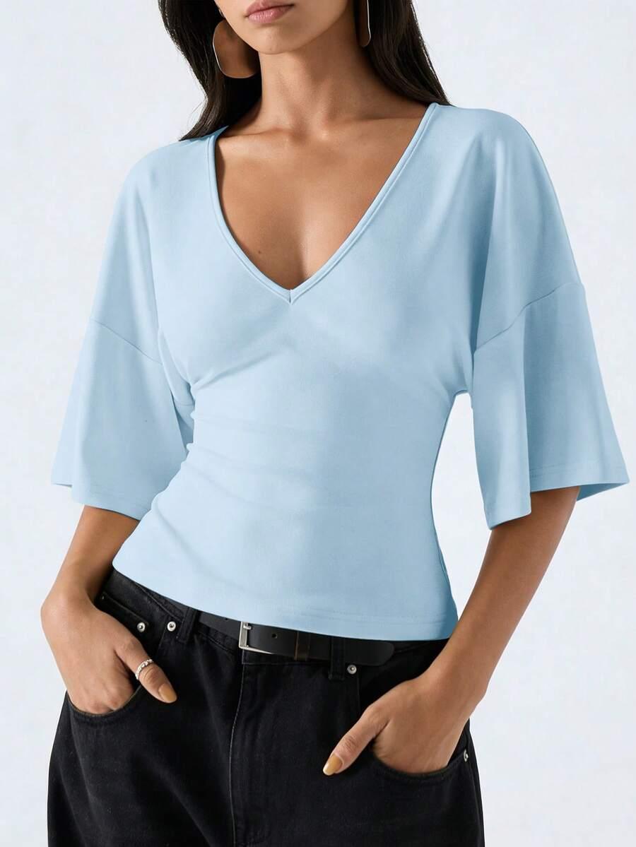 NIEBIESKA BLUZKA V-NECK