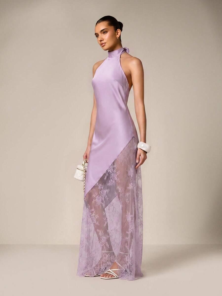 fioletowa maxi sukienka koronka