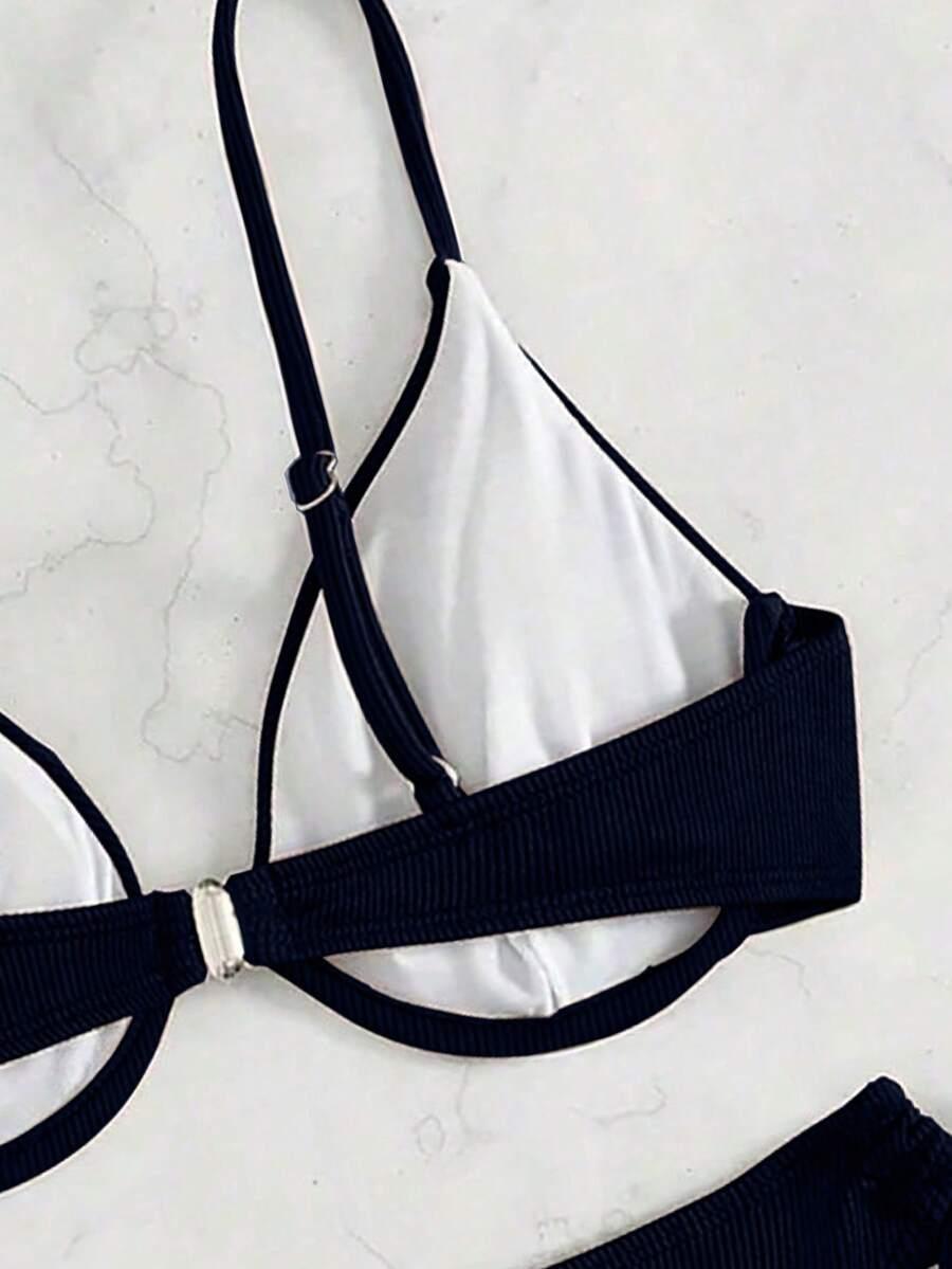 granatowa góra od bikini fiszbiny prążki