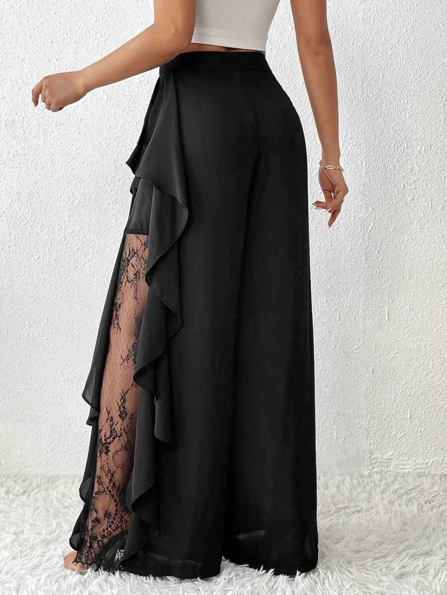 CZARNE ELEGANCKIE SPODNIE KORONKA 