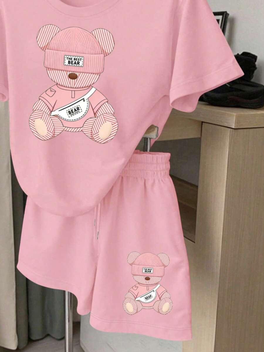 różowy komplet t-shirt spodenki nadruk