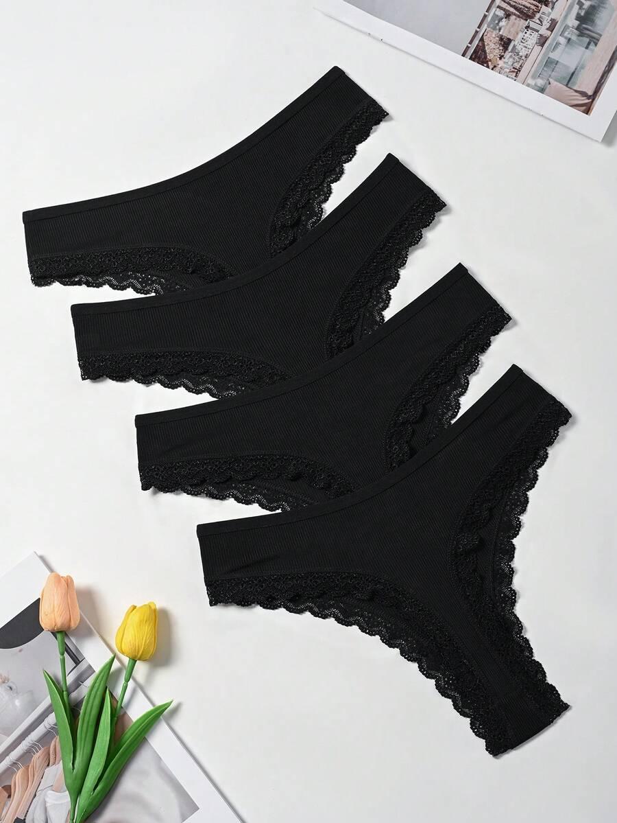 CZARNE STRINGI KORONKA 4-pack