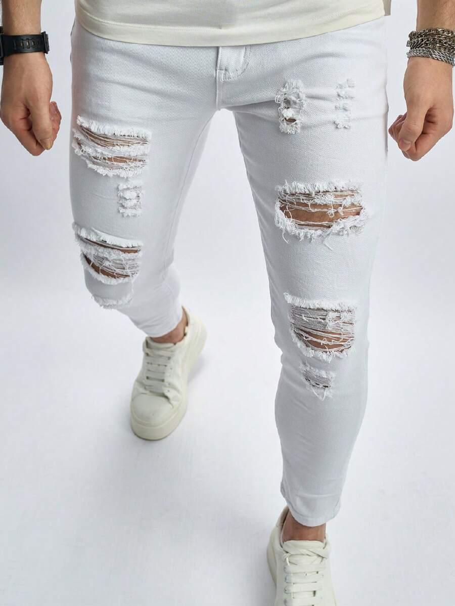 białe spodnie rurki jeans ripped 