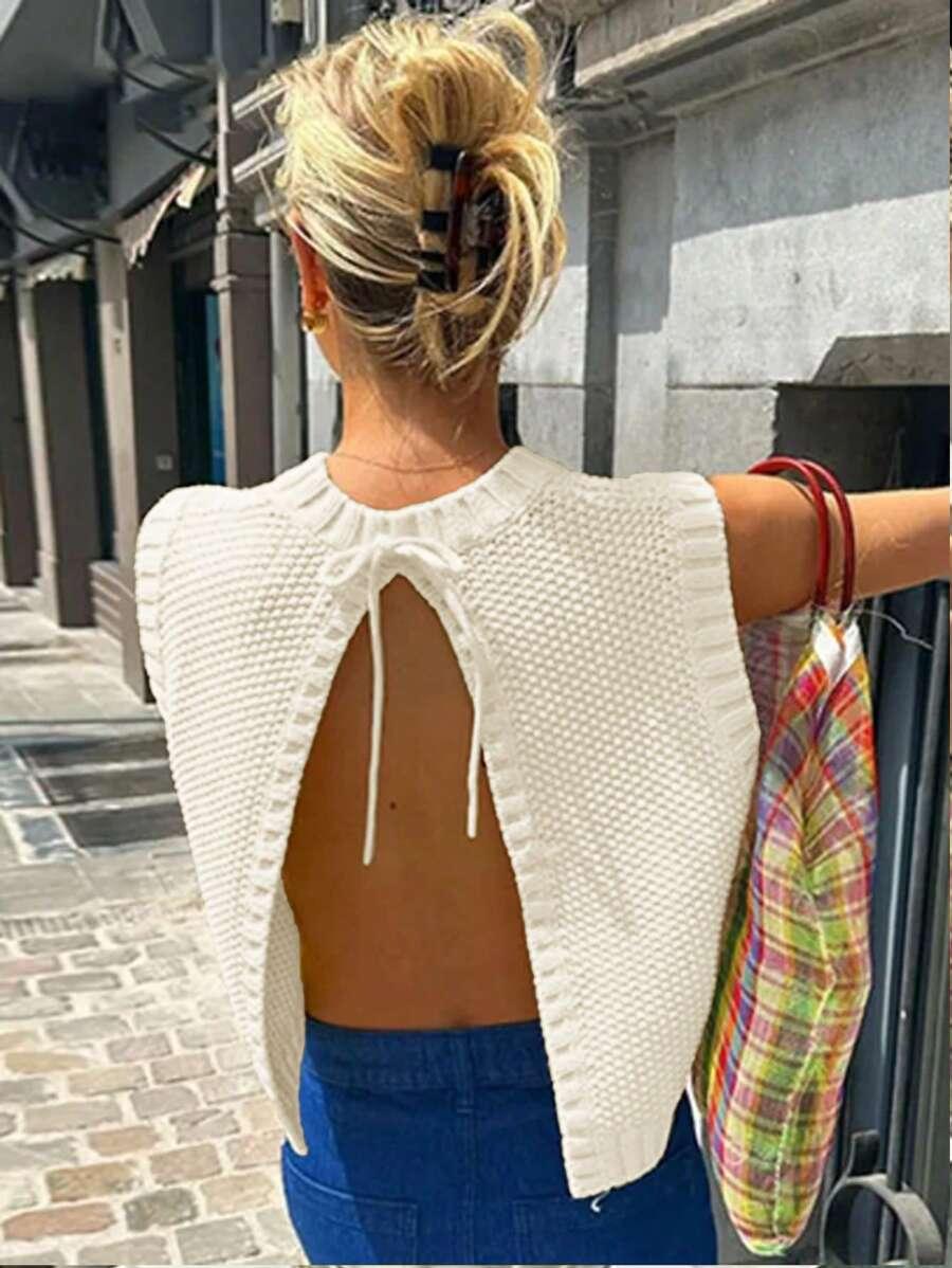 BIAŁY DZIANINOWY SWETER WIĄZANIE