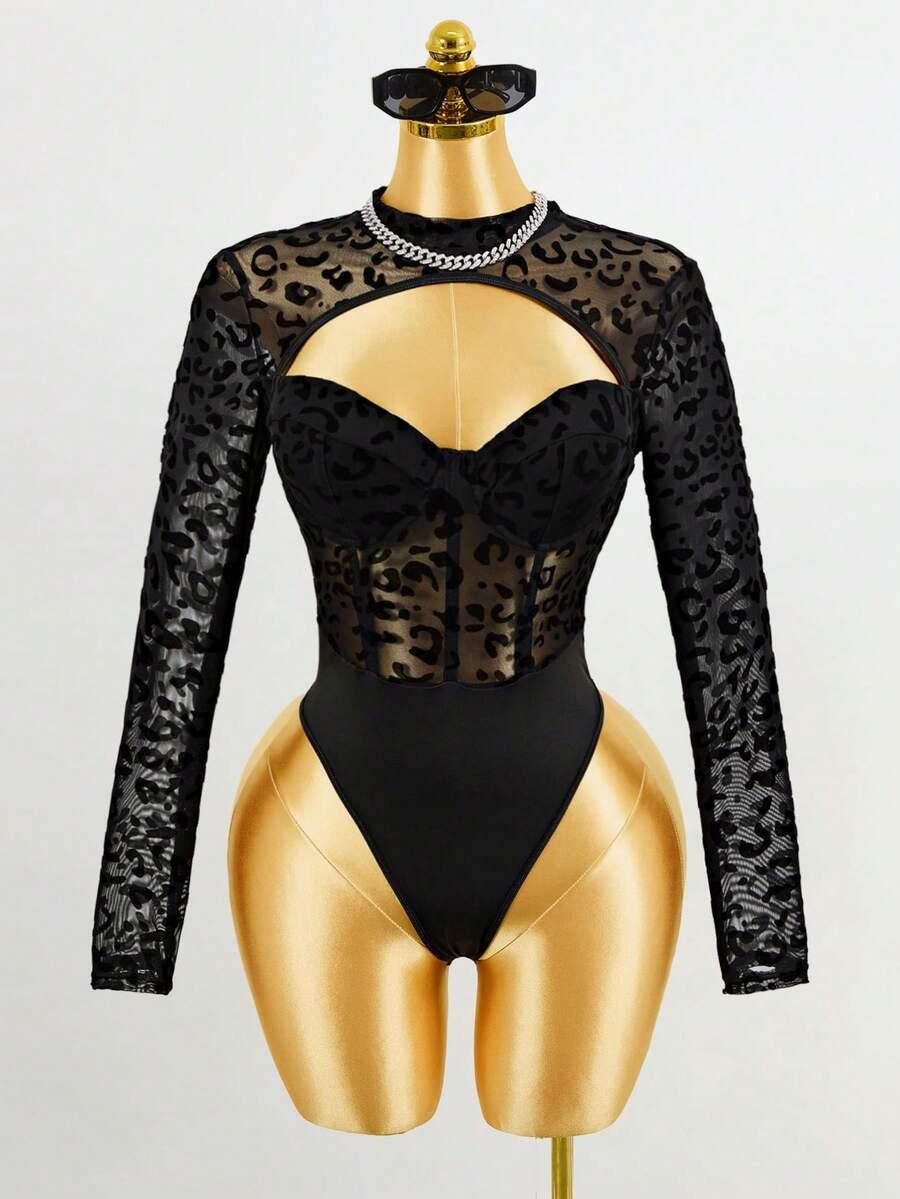 CZARNE BODY Z DŁUGIM RĘKAWEM ANIMAL PRINT 