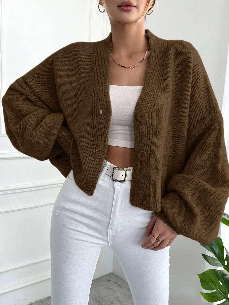 BRĄZOWY LUŹNY SWETER GUZIKI