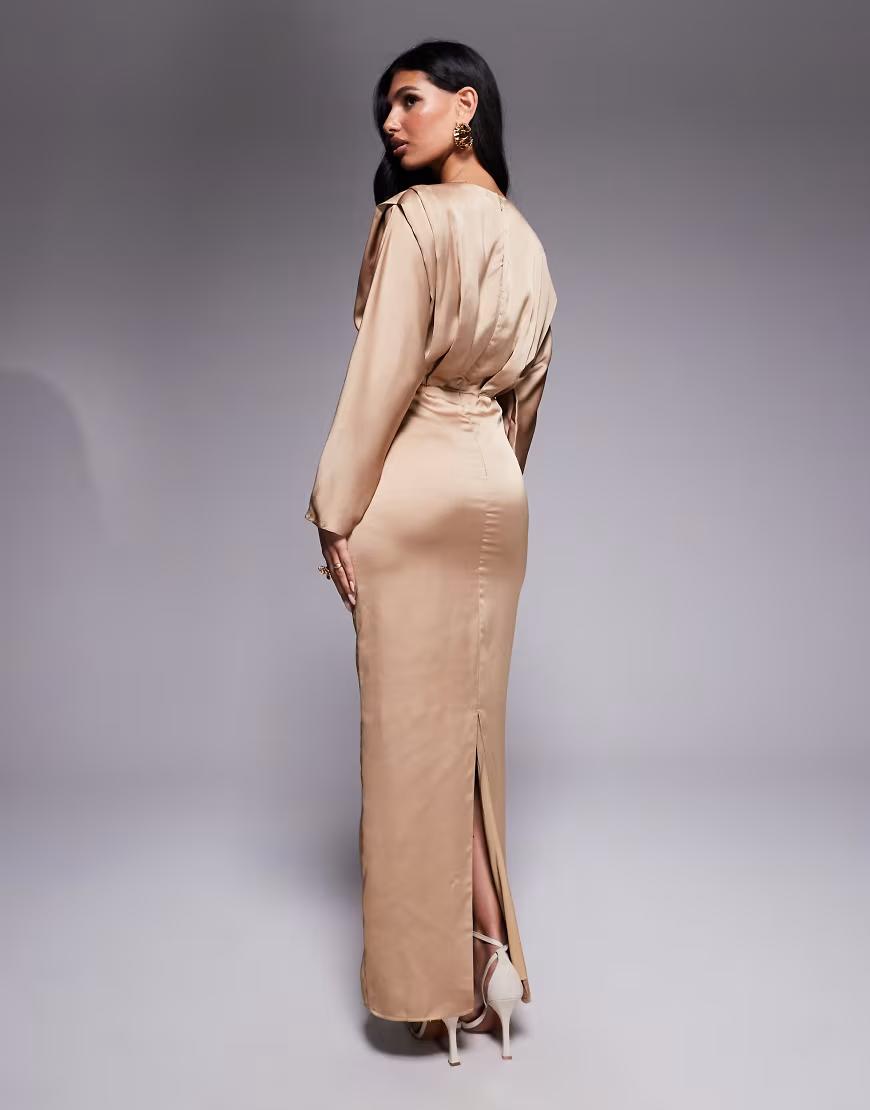 SATYNOWA MAXI SUKIENKA DŁUGI RĘKAW V-NECK
