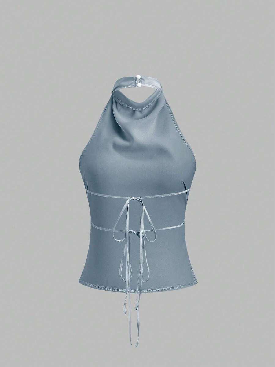 niebieski satynowy top