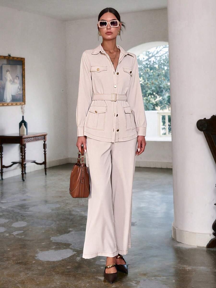 beżowa komplet koszula spodnie