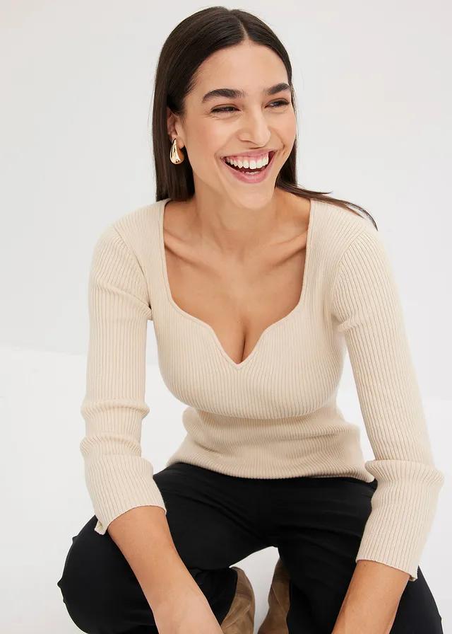 BEŻOWY SWETER PRĄŻKI 