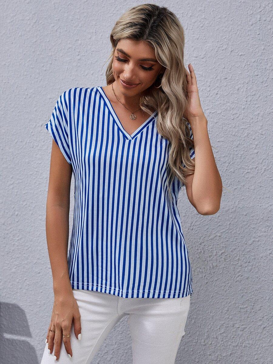 niebieska bluzka w paski v-neck