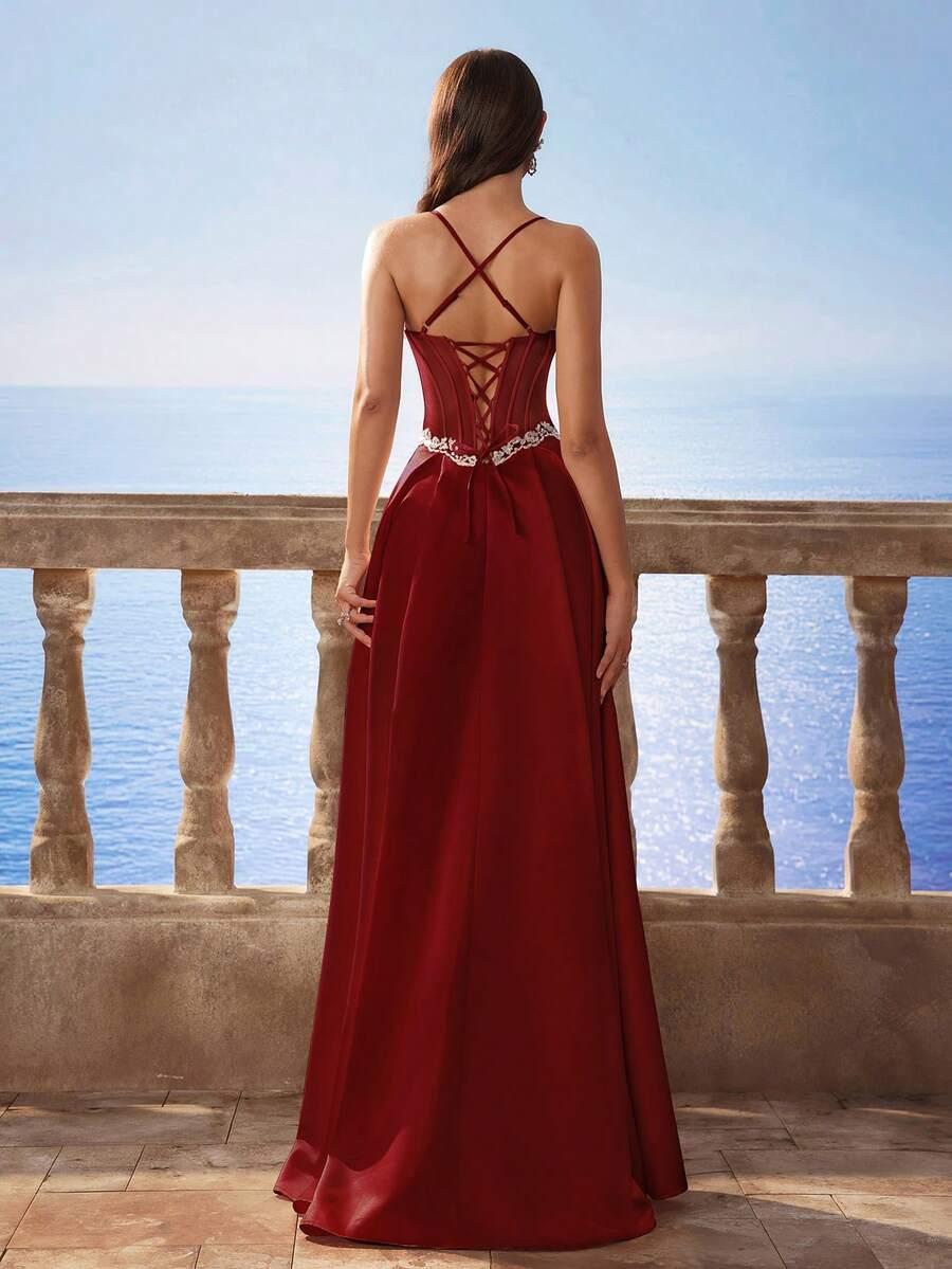satynowa maxi sukienka rozcięcie zdobienia cross back