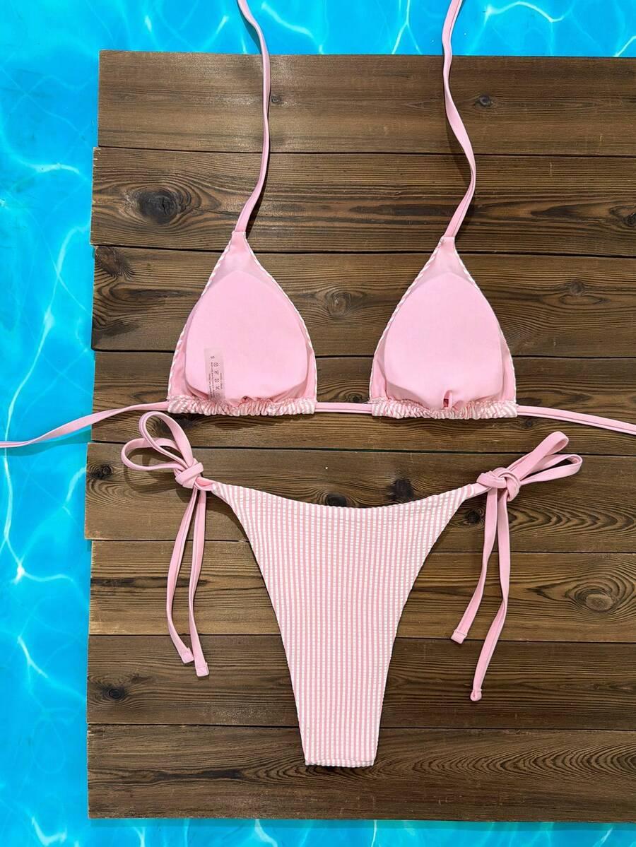 różowa góra od bikini w paski