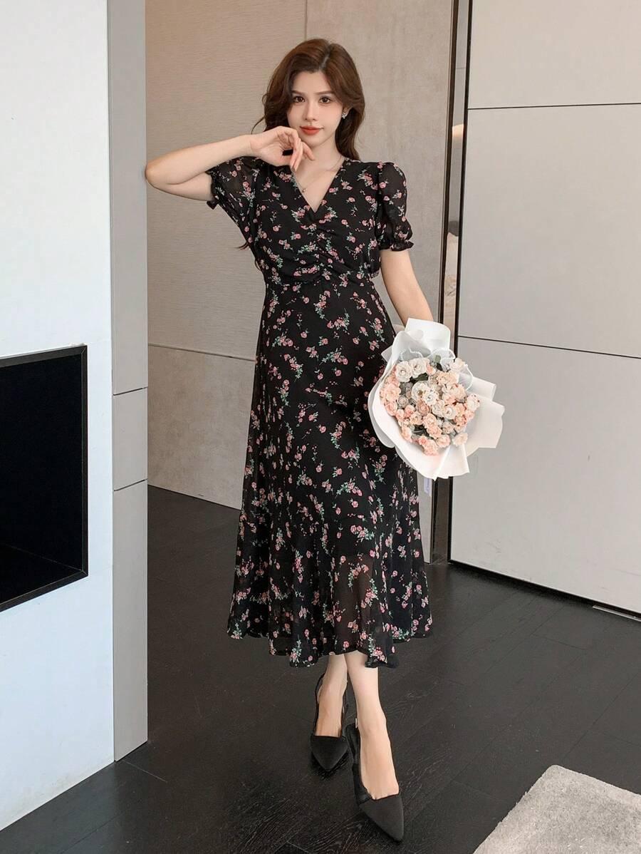sukienka wzór kwiaty v neck